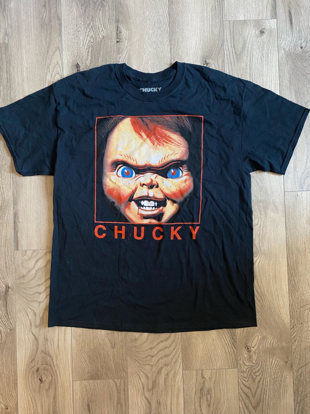 Black Short Sleeve Tee with Chucky Face Graphic